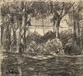 Attilio Pratella, a wooded landscape, drawn in chalk